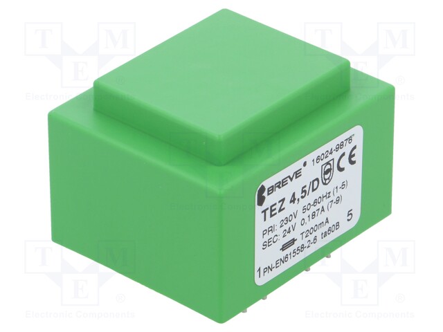 Transformer: encapsulated; 4.5VA; 230VAC; 24V; 188mA; Mounting: PCB