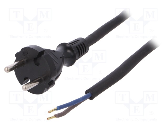 Cable; CEE 7/17 (C) plug,wires; 2m; black; rubber; 2x1,5mm2; 16A