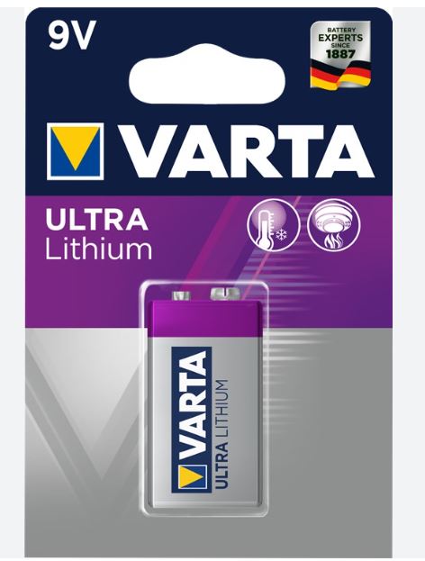 Battery: Varta Ultra Lithium; 9V; 6F22; R22; Batt.no: 1; 1150mAh