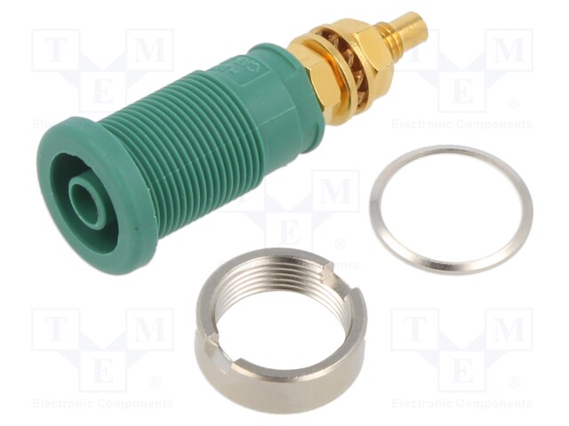 Socket; 4mm banana; 32A; 1kVDC; green; gold-plated; screw; 39mm