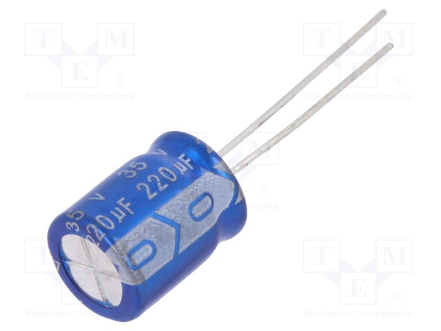 Capacitor: electrolytic; THT; 220uF; 35VDC; Ø10x12mm; Pitch: 5mm