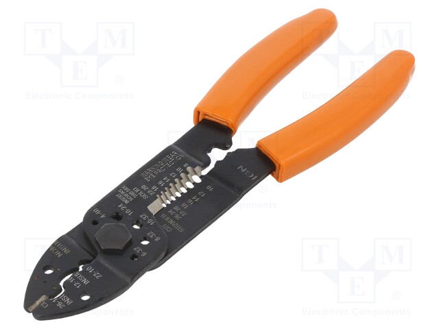 Tool: multifunction wire stripper and crimp tool; Wire: round