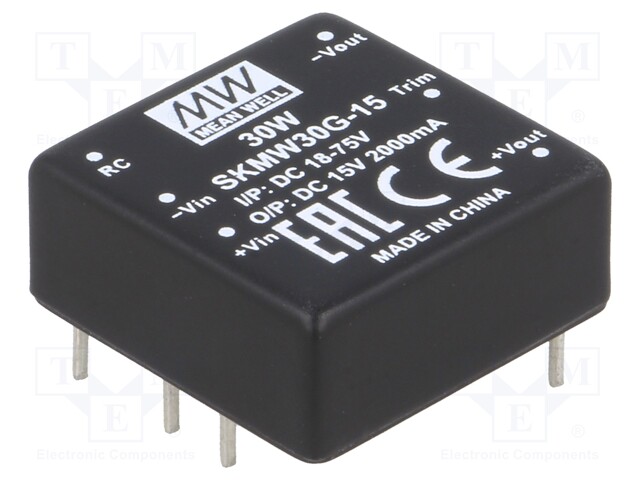 Converter: DC/DC; 30W; Uin: 18÷75V; 15VDC; Iout: 0÷2000mA; 1"x1",DIP