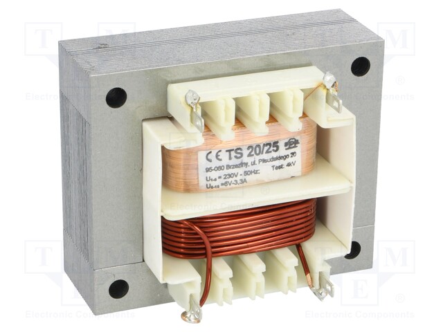 Transformer: mains; 20VA; 230VAC; 6V; 3.3A; Leads: solder lugs; IP00