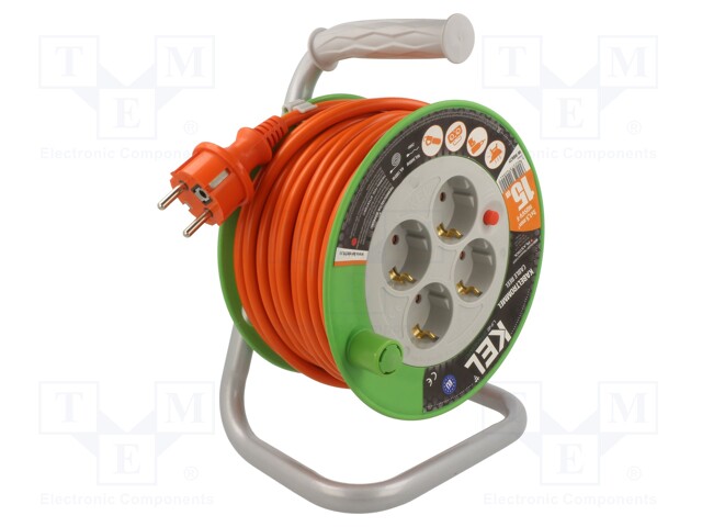 Extension lead; reel; Sockets: 4; PVC; orange; 3x1,5mm2; 15m; 16A