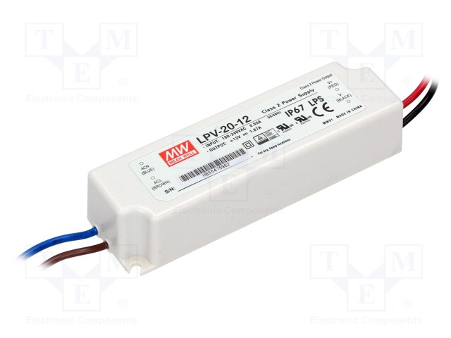 Power supply: switched-mode; LED; 20W; 12VDC; 1.67A; 90÷264VAC