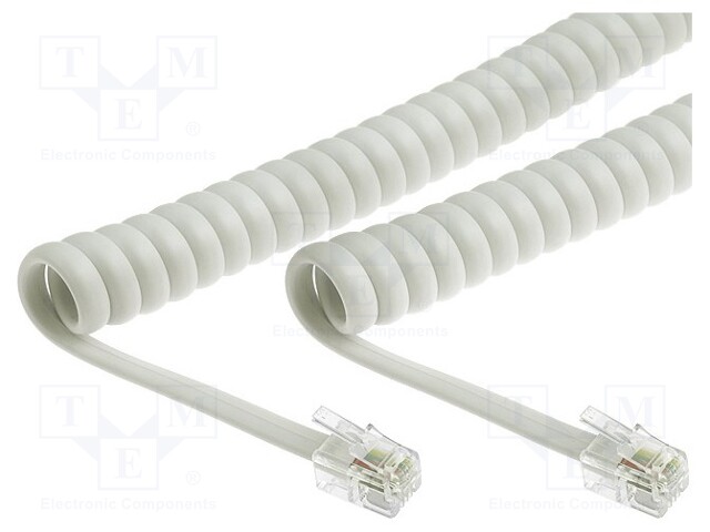 Cable: telephone; coiled,interlaced; RJ9 plug,both sides; white