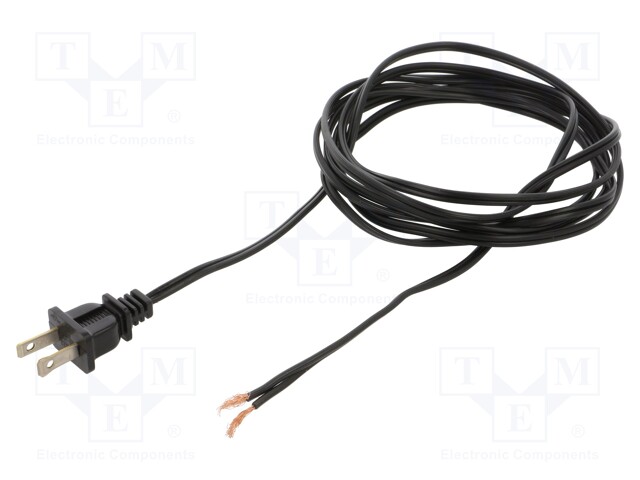 Cable; NEMA 1-15 (A) plug,wires; PVC; 2.7m; black; 2x18AWG; 10A