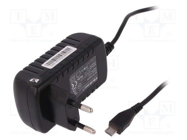 Power supply: switched-mode; 5VDC; 3A; Out: micro USB; 15W; 1.4m