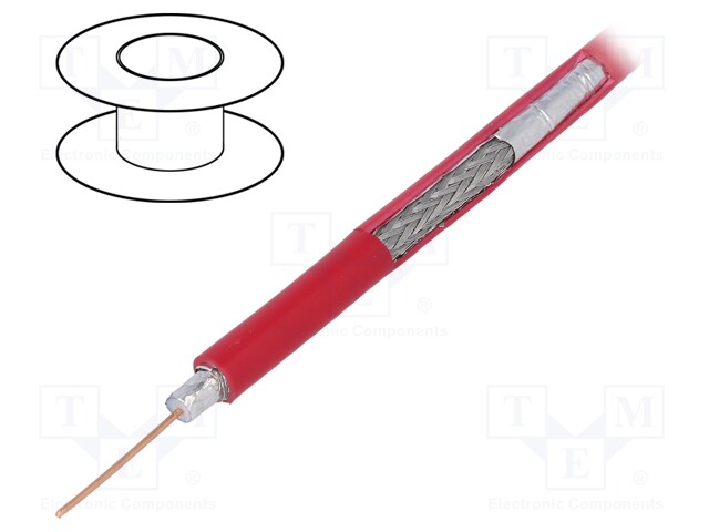Wire: coaxial; RG59; 1x75Ω; solid; Cu; PVC; red; 100m