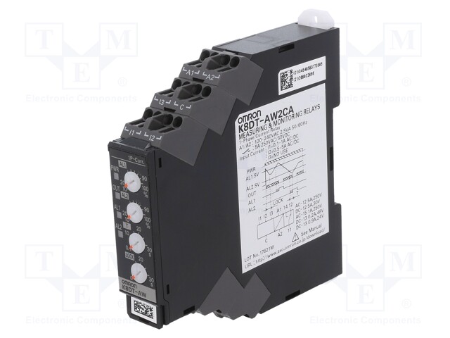 Current Monitoring Relay, Single Phase, K8DT-AW Series, SPDT, DIN Rail, Screw