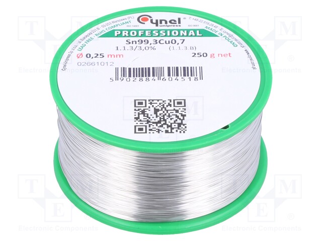 Soldering wire; Sn99,3Cu0,7; 0.25mm; 250g; lead free; 240°C; 3%