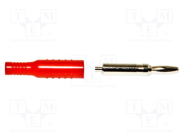 Plug; 4mm banana; 15A; red; nickel plated; soldered,crimped; brass