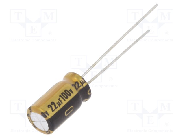 Capacitor: electrolytic; THT; 22uF; 100VDC; Ø6.3x11mm; Pitch: 2.5mm