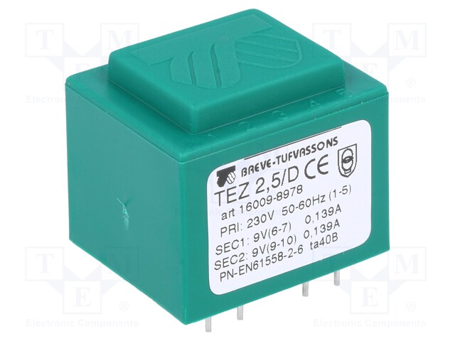 Transformer: encapsulated; 2.5VA; 230VAC; 9V; 9V; 138.8mA; 138.8mA