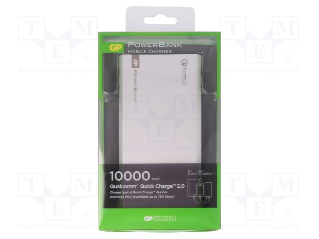 Re-battery: powerbank; 10000mAh; 2.1A; Out: USB; Colour: silver