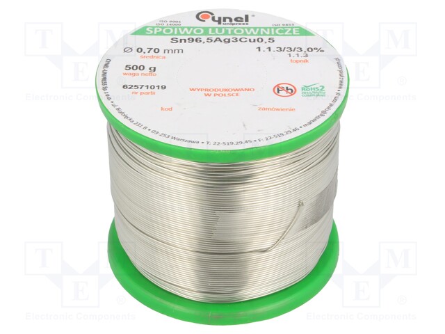 Soldering wire; Sn96,5Ag3Cu0,5; 700um; 500g; lead free; 217÷219°C