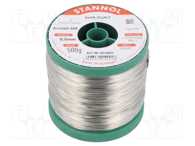 Soldering wire; Sn99,3Cu0,7; 0.5mm; 500g; lead free; reel; 2.5%