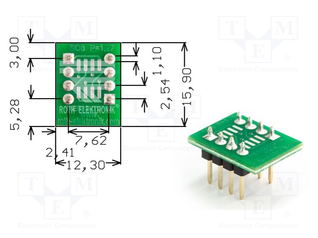 IC Adapter, PCB, 8-SOIC to 8-DIP, 7.62 mm Row Pitch, 2.54 mm Spacing