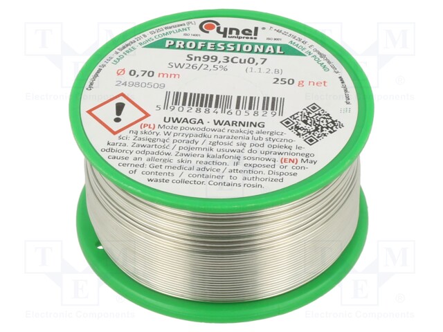 Soldering wire; Sn99,3Cu0,7; 0.7mm; 250g; lead free; Package: reel