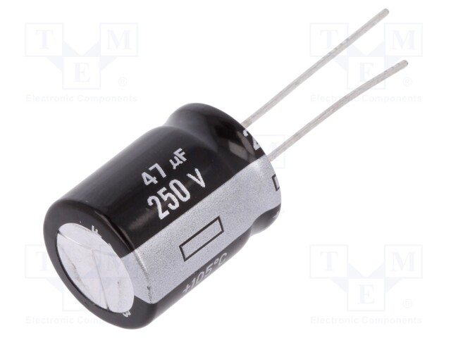 Capacitor: electrolytic; THT; 47uF; 250VDC; Ø16x20mm; Pitch: 7.5mm