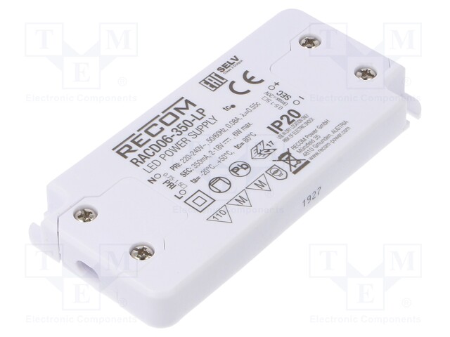 Power supply: switched-mode; LED; 6W; 2÷18VDC; 350mA; 198÷264VAC