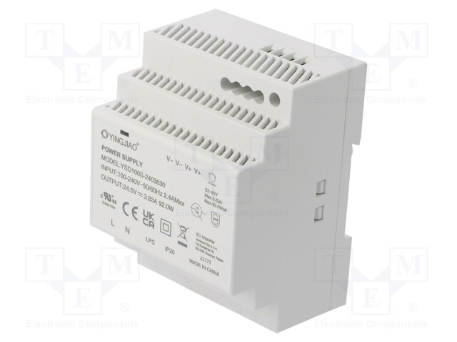 Power supply: switched-mode; for DIN rail; 92W; 24VDC; 3.83A; 90%