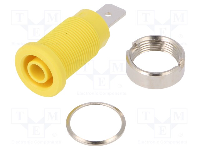 Socket; 4mm banana; 32A; 1kVDC; yellow; nickel plated; on panel