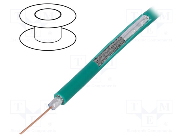 Wire: coaxial; RG59; 1x75Ω; solid; Cu; PVC; green; 100m