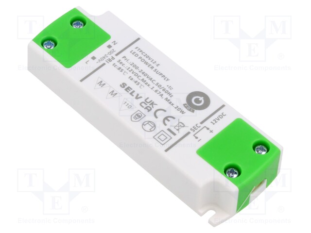 Power supply: switched-mode; LED; 20W; 12VDC; 1.67A; 180÷264VAC