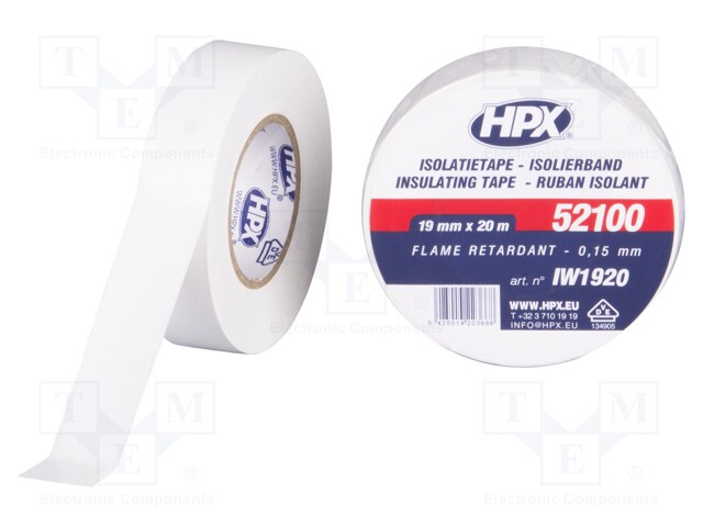 Tape: electrical insulating; W: 19mm; L: 20m; D: 0.15mm; white; 125%