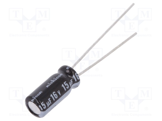 Capacitor: electrolytic; THT; 15uF; 16VDC; Ø5x11mm; Pitch: 2mm; ±20%