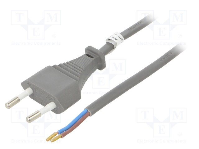 Cable; CEE 7/16 (C) plug,wires; PVC; 1.5m; grey; 2.5A; 250V