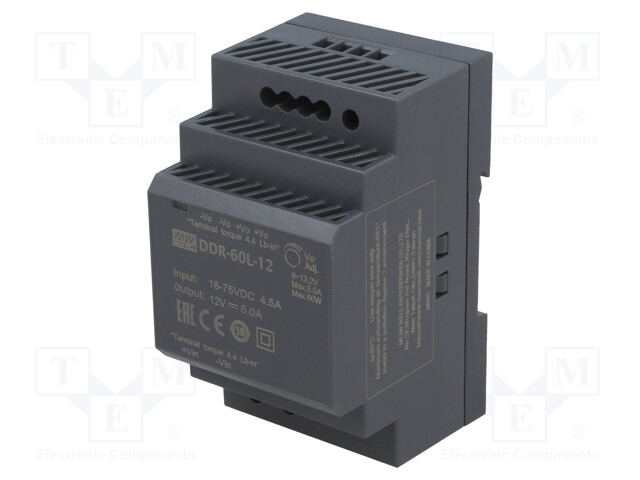 Power supply: DC/DC; 60W; 12VDC; 5A; 18÷75VDC; Mounting: DIN; 216g