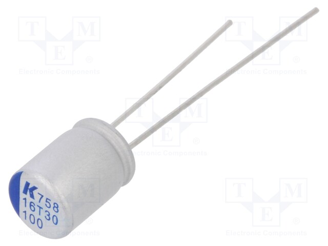Polymer Aluminium Electrolytic Capacitor, 100 µF, 16 V, Radial Leaded, A758 Series, 0.018 ohm