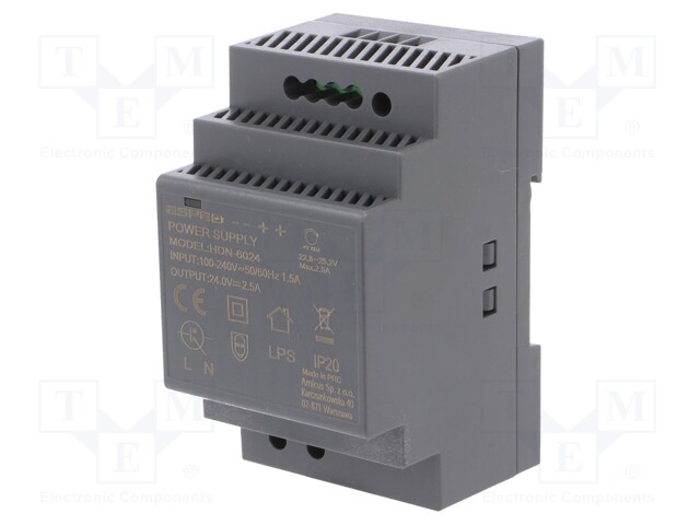 Power supply: switched-mode; 60W; 24VDC; 2.5A; 100÷240VAC; 182g