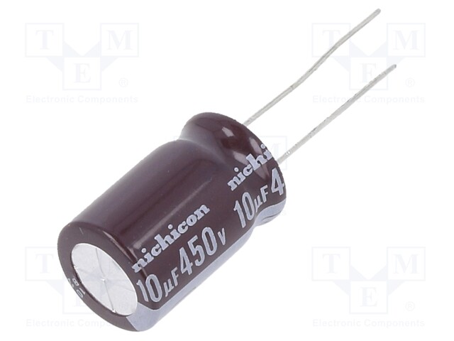 Capacitor: electrolytic; THT; 10uF; 450VDC; Ø12.5x20mm; Pitch: 5mm