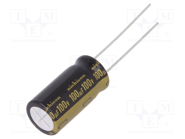 Capacitor: electrolytic; THT; 100uF; 100VDC; Ø10x20mm; Pitch: 5mm