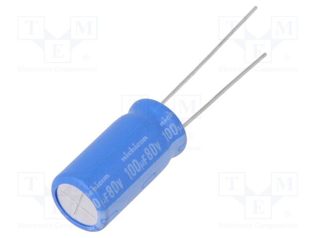 Capacitor: electrolytic; THT; 100uF; 80VDC; Ø10x20mm; Pitch: 5mm