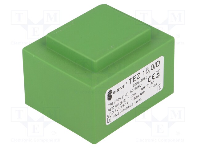 Transformer: encapsulated; 16VA; 230VAC; 6V; 6V; 1333.3mA; 1333.3mA