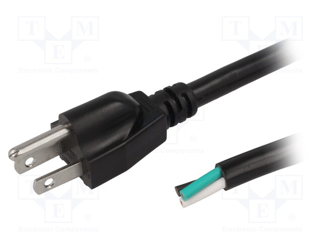 Cable; NEMA 5-15 (B) plug,wires; 3.5m; black; PVC; 3x14AWG; 15A