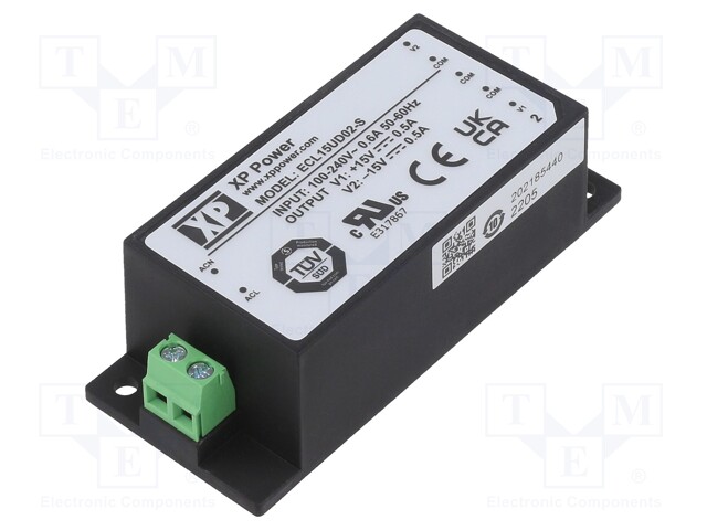 Power supply: switched-mode; 15W; 15VDC; 500mA; OUT: 2; 120g; 82%