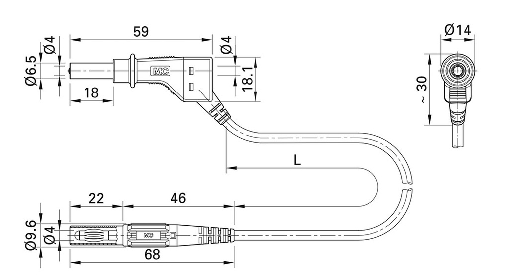 Test lead; 19A; banana plug 4mm,angular banana plug 4mm; Len: 2m