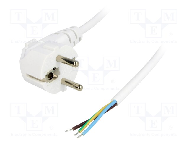 Cable; CEE 7/7 (E/F) plug angled,wires; 3m; white; PVC; 3x0,75mm2