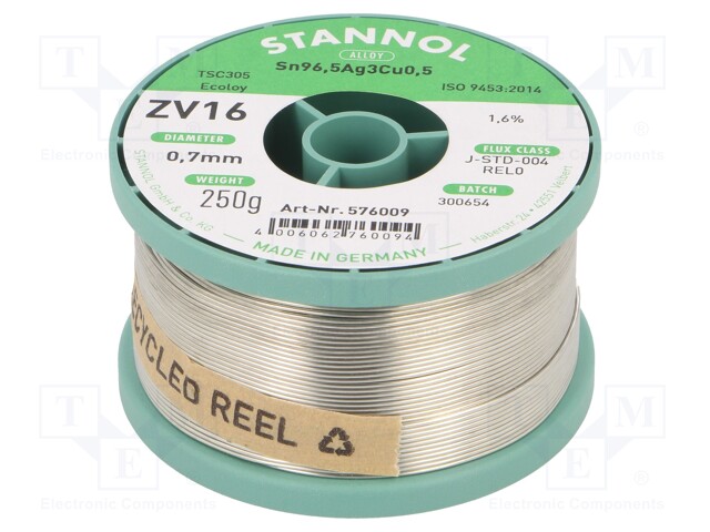 Soldering wire; Sn96,5Ag3,0Cu0,5; 0.7mm; 250g; lead free; 1.6%