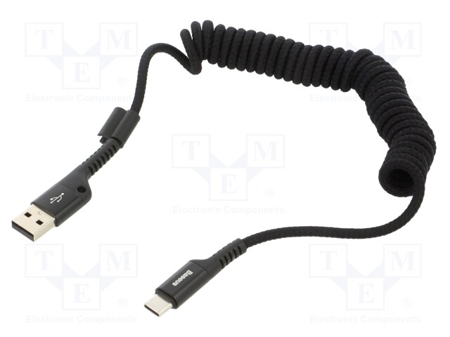 Cable; coiled,USB 2.0; USB A plug,USB C plug; 1m; black; textile