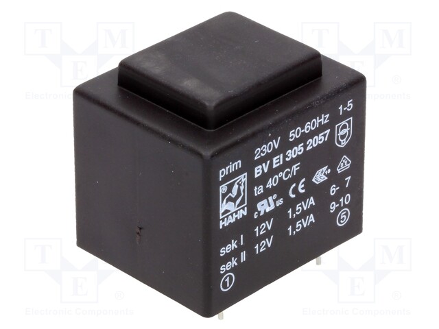 Transformer: encapsulated; 3VA; 230VAC; 12V; 12V; 125mA; 125mA; 111g