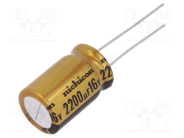 Capacitor: electrolytic; THT; 2200uF; 16VDC; Ø12.5x25mm; Pitch: 5mm