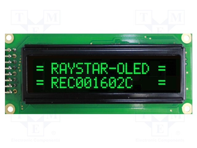 Display: OLED; alphanumeric; 16x2; Dim: 85x36x10mm; green; PIN: 16