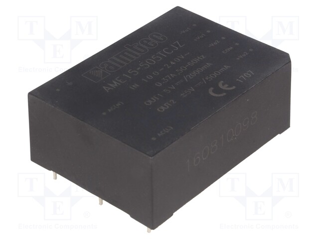 Converter: AC/DC; 15W; Uout: 5VDC; Iout: 2A; 75%; Mounting: PCB; 3kV